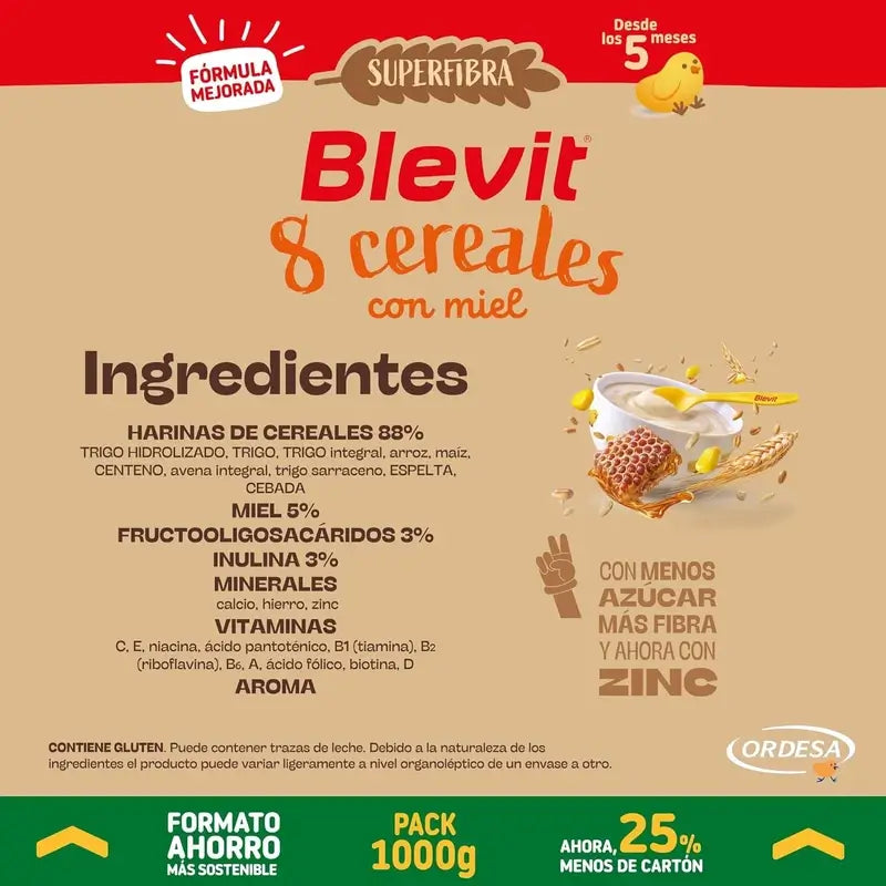 Blevit Baby Food Superfibre 8 Cereali e Miele, 1000 gr.