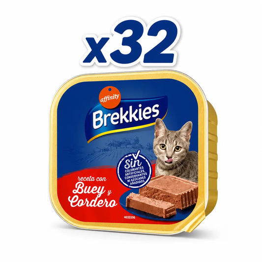 Brekkies - Vaschetta "Gatto, Manzo e Agnello", 100 g, confezione da 32
