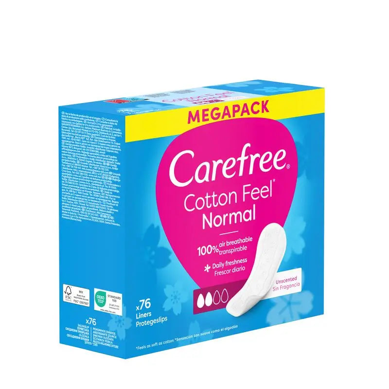 Carefree Cotton Panty Liner Senza profumo, Panty Liner in cotone traspirante dalla sensazione fresca e morbida, 76 pezzi.