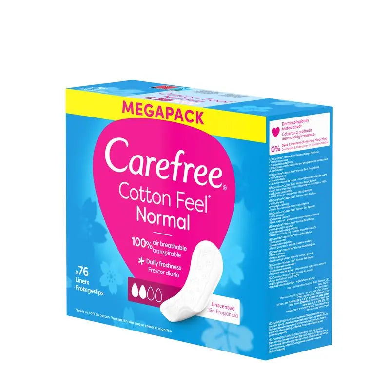 Carefree Cotton Panty Liner Senza profumo, Panty Liner in cotone traspirante dalla sensazione fresca e morbida, 76 pezzi.
