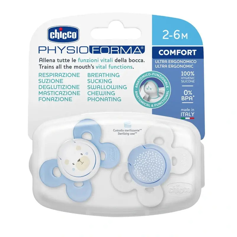 Ciuccio Chicco Physio Comfort Silicone Blu 2-6M 2 pezzi assortiti