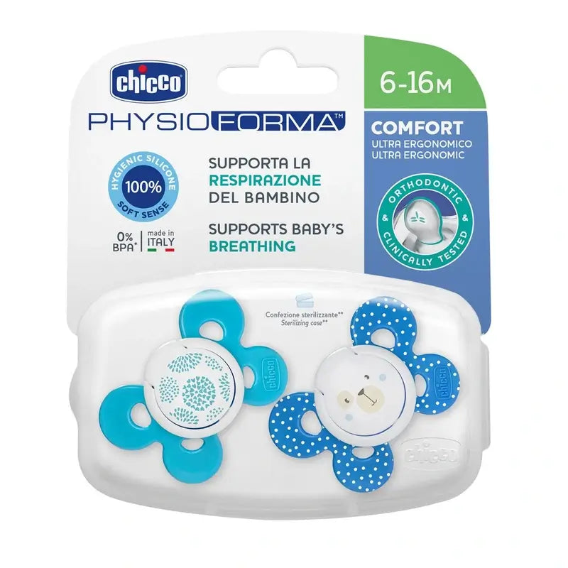 Ciuccio Chicco Physio Comfort Silicone Blu 6-16M 2 pezzi assortiti