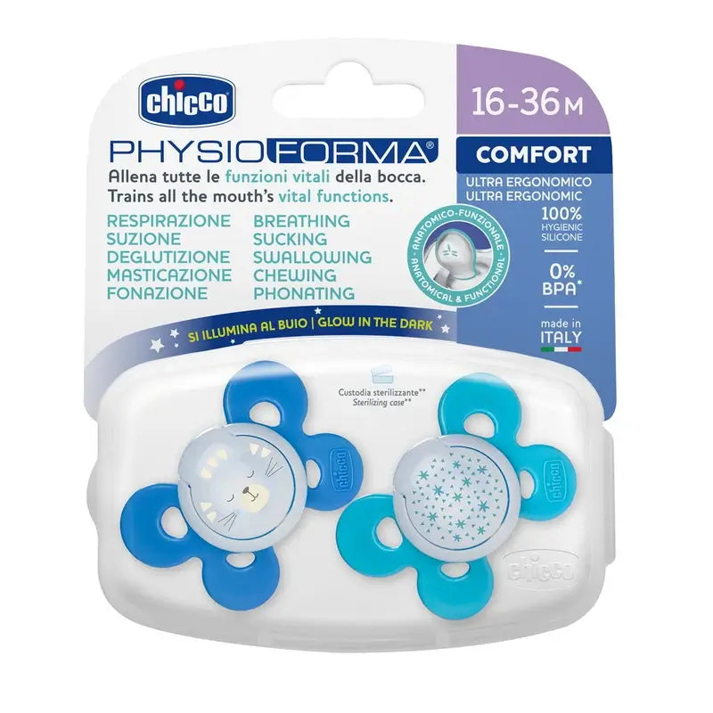 Ciuccio Chicco Physio Comfort Silicone Blu 16-36M 2 pezzi assortiti