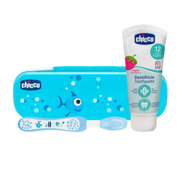 Chicco - Dental Set Blue 6M+ (Toothbrush + Toothpaste with Fluoride) for 1 Year Old and Up
