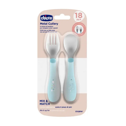 Chicco Set di posate in acciaio inox blu 18M+
