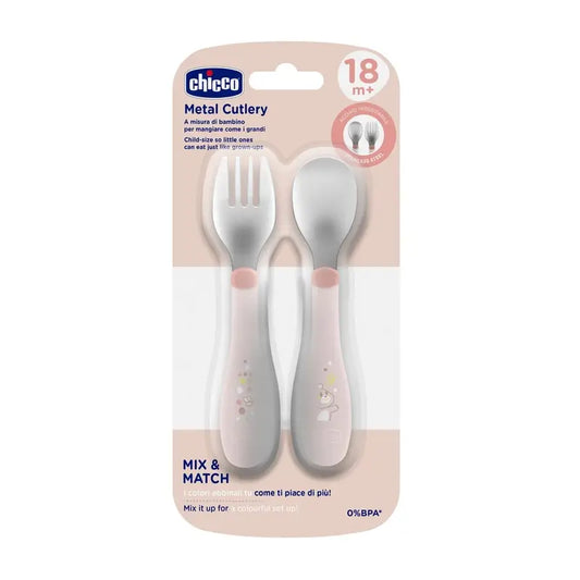 Chicco Set di posate in acciaio inox rosa 18M+