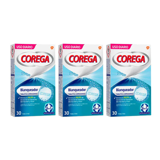 Corega Triplo Whitening Compresse detergenti sbiancanti, 3 x 30 pz.