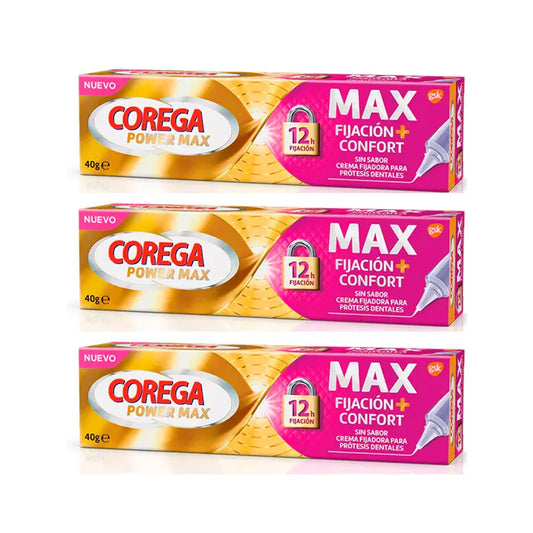 Corega Triplo Max Crema di fissaggio + Comfort per protesi dentarie, 3 x 40 gr