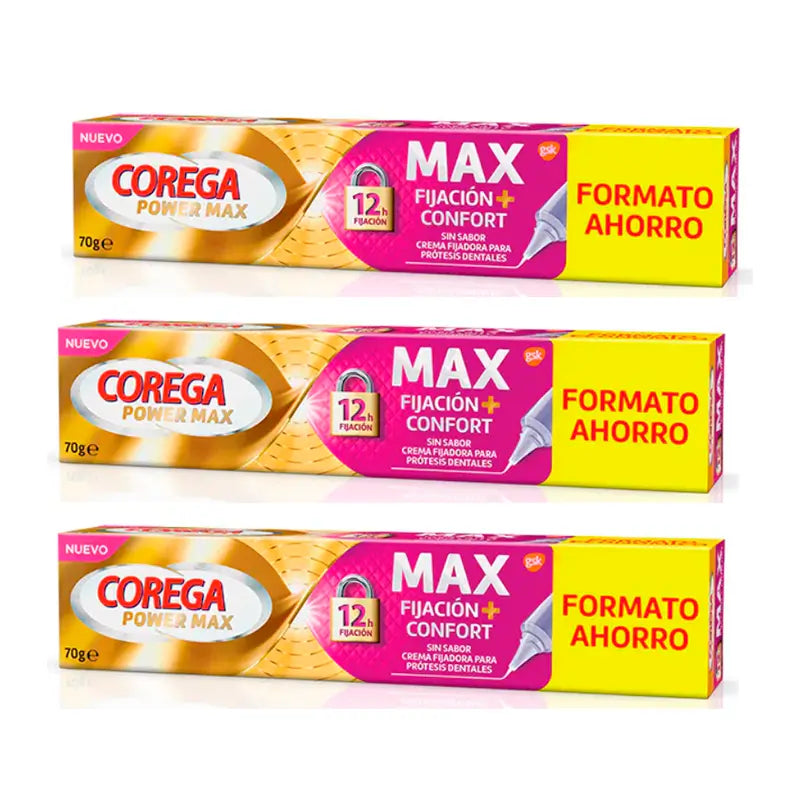 Corega Triplo Max Crema di fissaggio + Comfort per protesi dentarie, 3 x 70 gr