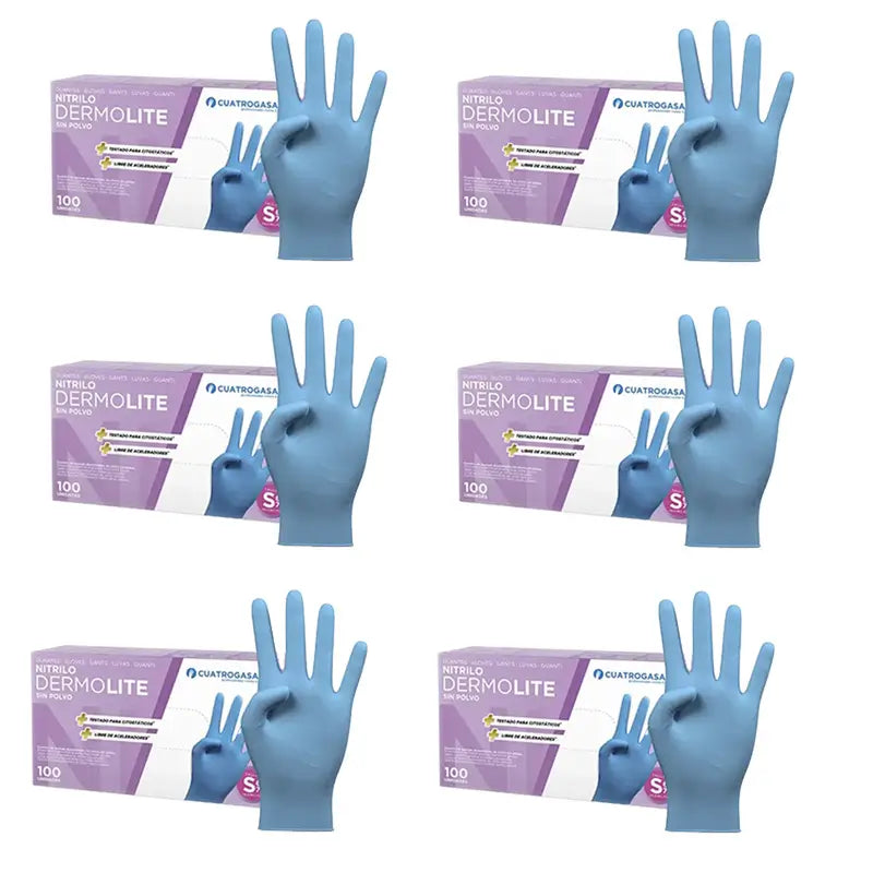 Guanti in nitrile senza polvere Cuatrogasa Dermolite Blu Taglia S, 6X100 Unità