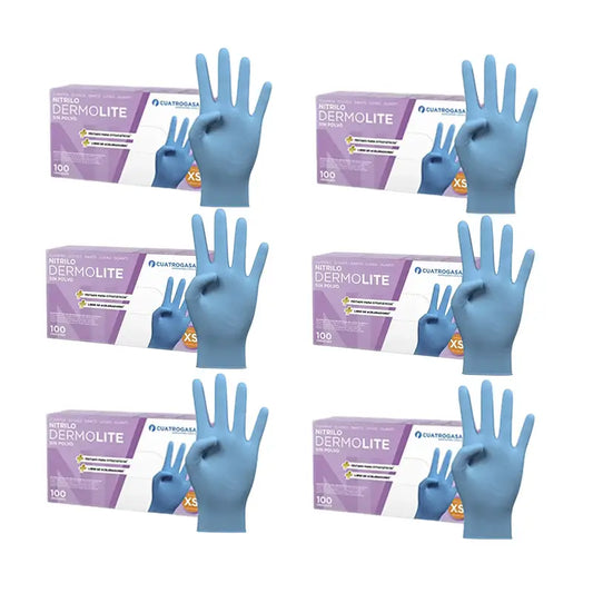 Guanti in nitrile senza polvere Cuatrogasa Dermolite Blu Taglia Xs, 6X100 unità