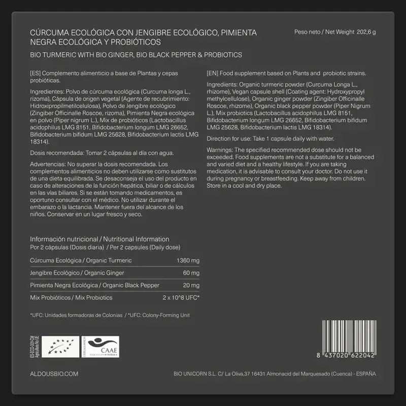 Aldous Bio Curcuma con zenzero e pepe nero con probiotici, 250 capsule