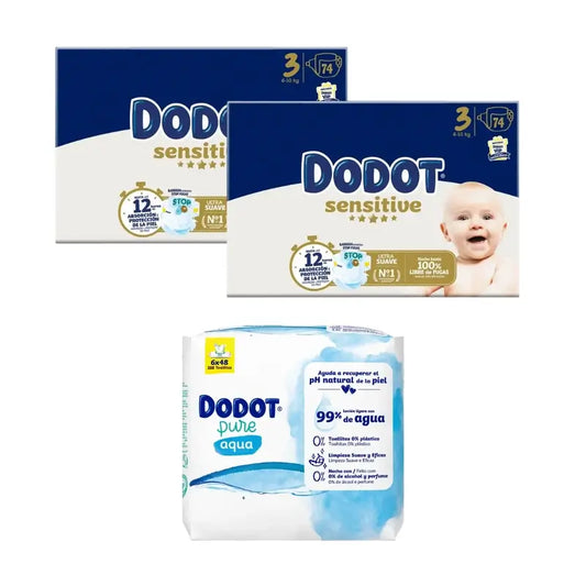 Dodot Sensitive Taglia 3, 74 pannolini + Salviette Pure Aqua, 288 pezzi.