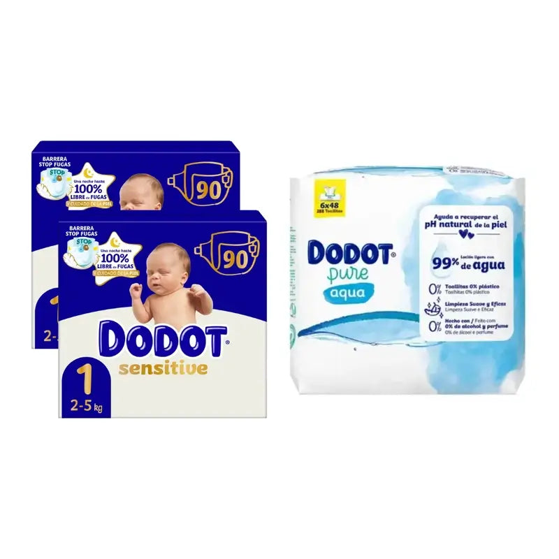 Dodot Sensitive Nappy Sensitive Jumbo Pack Taglia 1, 2x90 unità + Aqua Plastic Free Wipes Box 6X48 (288 unità)