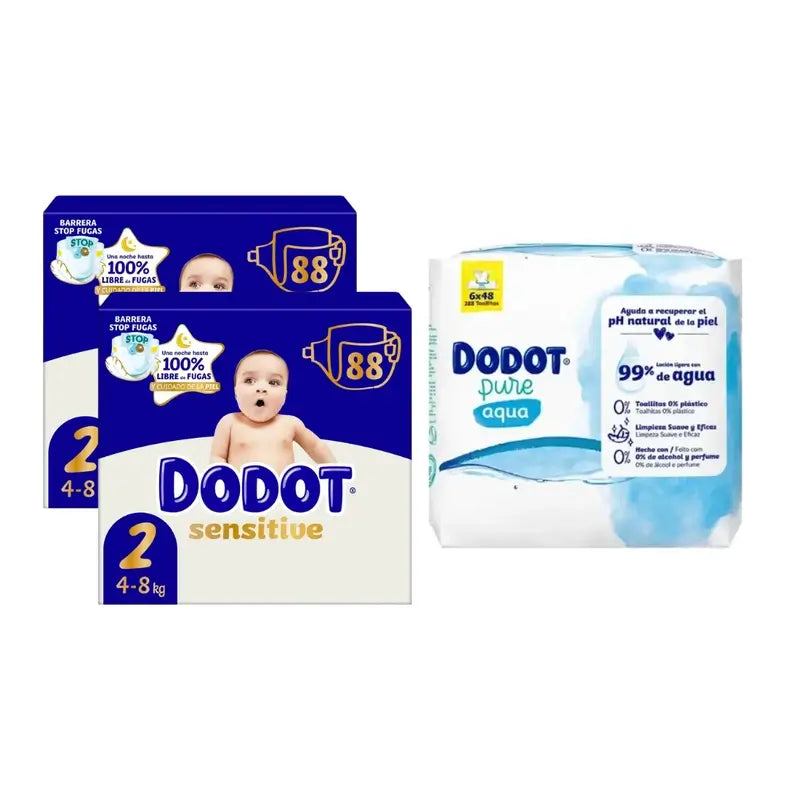 Dodot Sensitive Jumbo Sensitive Confezione di pannolini taglia 2, 2x88 unità + Scatola di salviette Aqua Plastic Free 6X48 (288 unità)