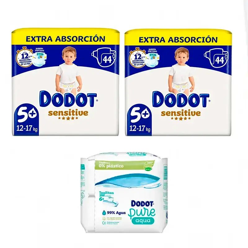 Dodot Sensitive Taglia 5, 2 x 44 pannolini + Salviette Pure Aqua 288 pz.