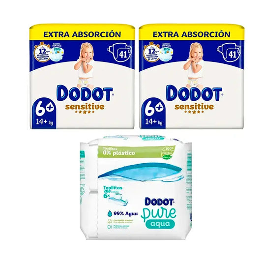 Dodot Sensitive taglia 6 Extra-Jumbo, confezione 2 x 41 pannolini + salviette Pure Aqua, 288 pezzi.