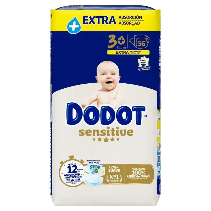 Pannolini Dodot Sensitive Extra Jumbo taglia 3+, confezione da 2 x 56 pannolini