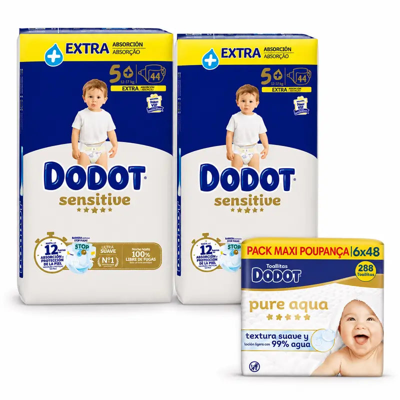 Dodot Sensitive Extra Jumbo Taglia 5, 88 pannolini + Dodot Pure Aqua 288 Salviette