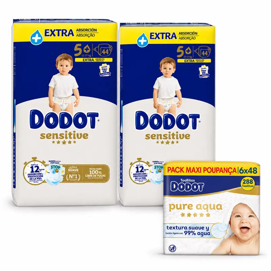 Dodot Sensitive Extra Jumbo Taglia 5, 88 pannolini + Dodot Pure Aqua 288 Salviette