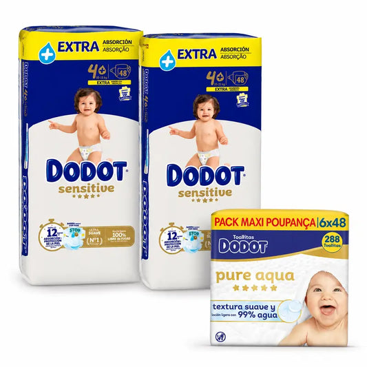 Dodot Pannolini Sensitive Extra Assorbenza 10-15 kg Taglia 4+, 96 pezzi + Dodot Pure Aqua 288 Salviette