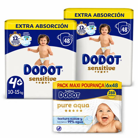 Dodot Pannolini Sensitive Extra Assorbenza 10-15 kg Taglia 4+, 96 pezzi + Dodot Pure Aqua 288 Salviette