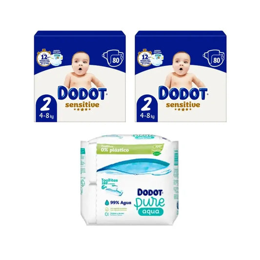 Dodot Sensitive Taglia 2, 2 x 80 pannolini + salviette Pure Aqua, 288 pezzi.