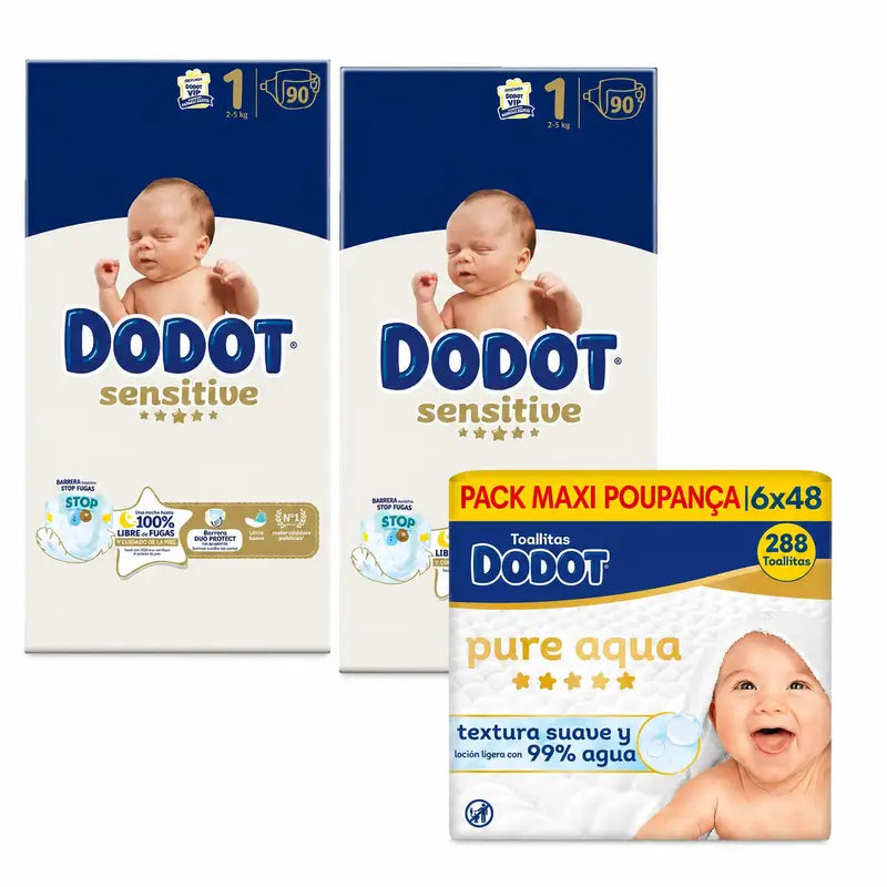 Dodot Sensitive taglia 1, 2kg-5kg, 180 pannolini + Dodot Pure Aqua 288 salviette