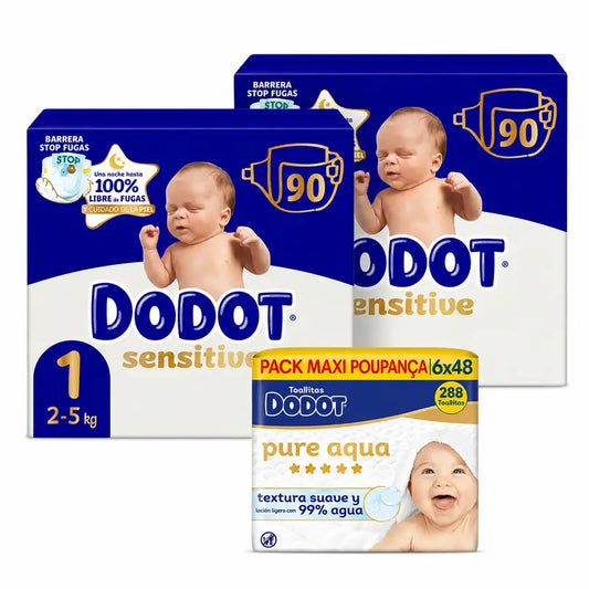 Dodot Sensitive taglia 1, 2kg-5kg, 180 pannolini + Dodot Pure Aqua 288 salviette