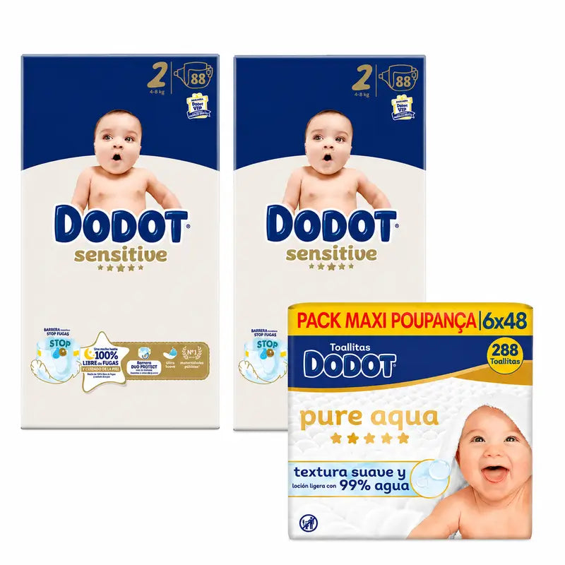 Dodot Sensitive taglia 2, 4kg-8kg, 176 pannolini + Dodot Pure Aqua 288 salviette