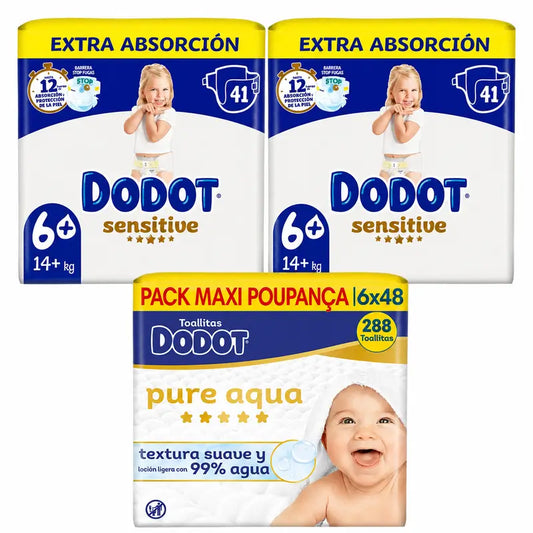 Dodot Sensitive Taglia 6, 82 pannolini + Dodot Pure Aqua 288 Salviette