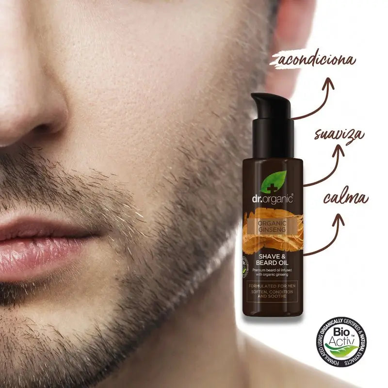 Olio per barba e rasatura al ginseng biologico Dr. Organic 50ml.