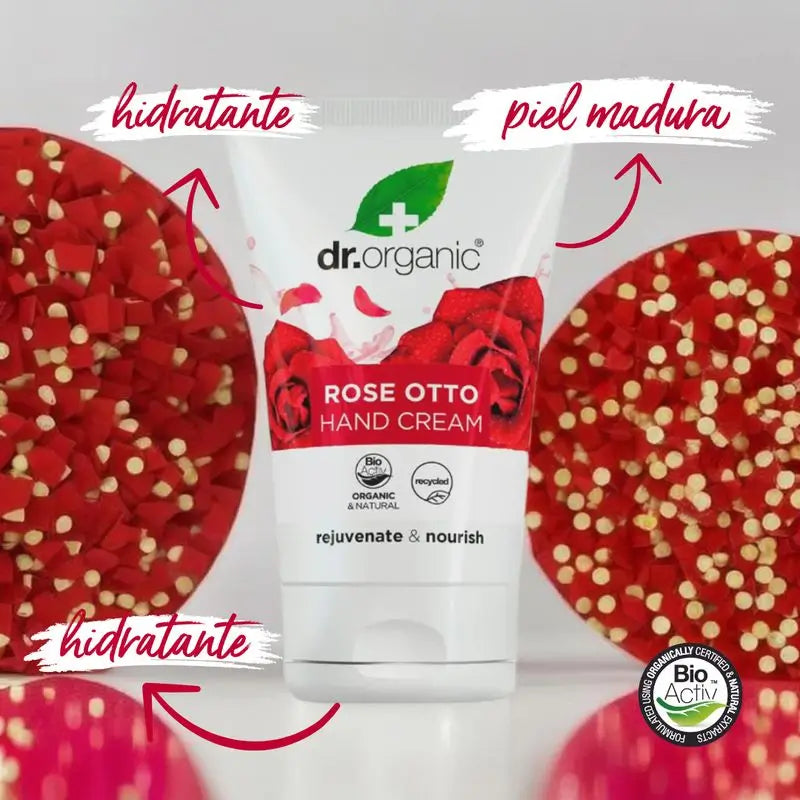 Dr.Organic Rosa Damascena Crema mani e unghie per pelli mature, 125 ml