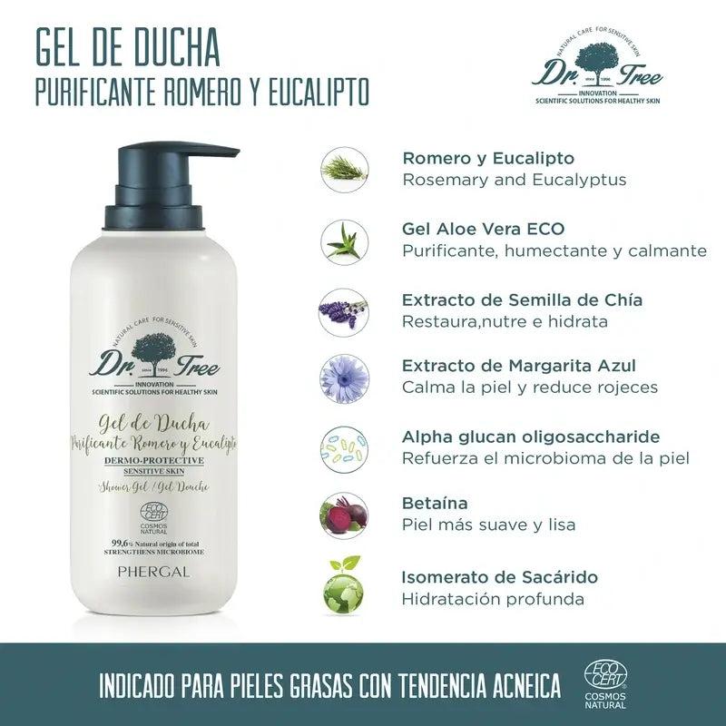 Dr. Tree Gel doccia purificante al rosmarino naturale per pelli sensibili 500 ml