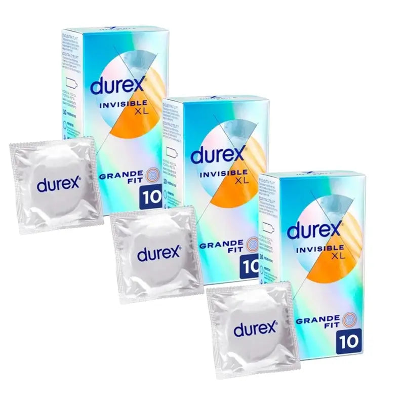 Durex Invisible Xl Ultra Thin, 10 preservativi taglia Xl, Confezione da 3