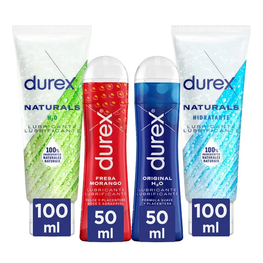 Durex Confezione Lubrificante Naturale, 100 Ml + Originale, 50 Ml + Naturals Acido Ialuronico, 100 Ml + Fragola, 50 Ml