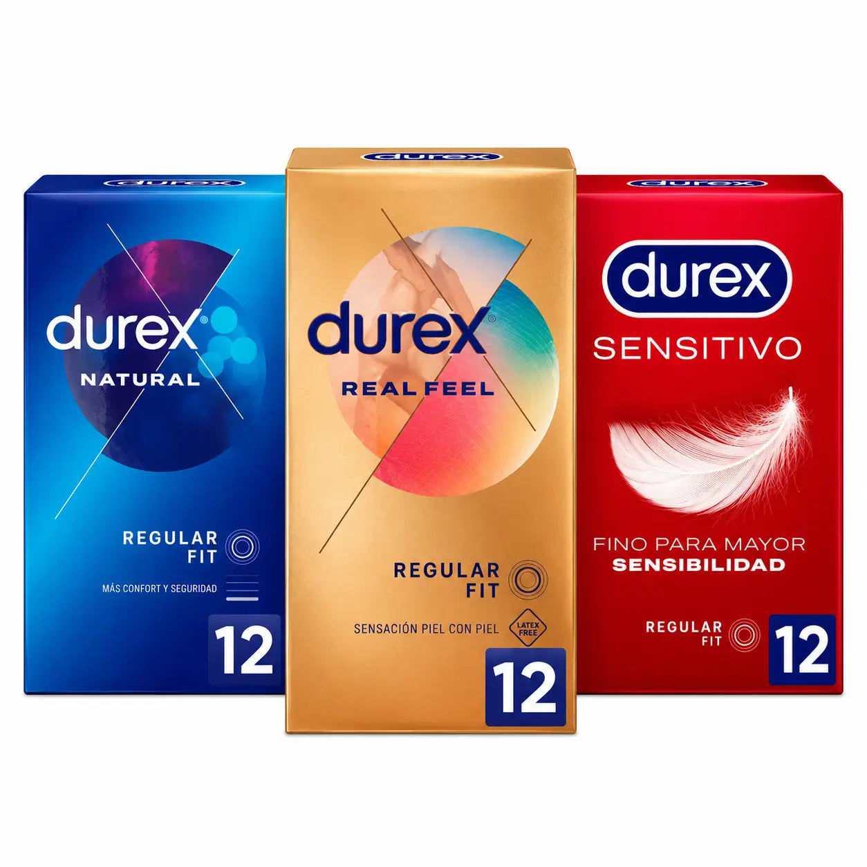 Confezione di preservativi originali Durex Natural Plus, 12 unità + Sensitive Soft, 12 unità + Real Feel, 12 unità