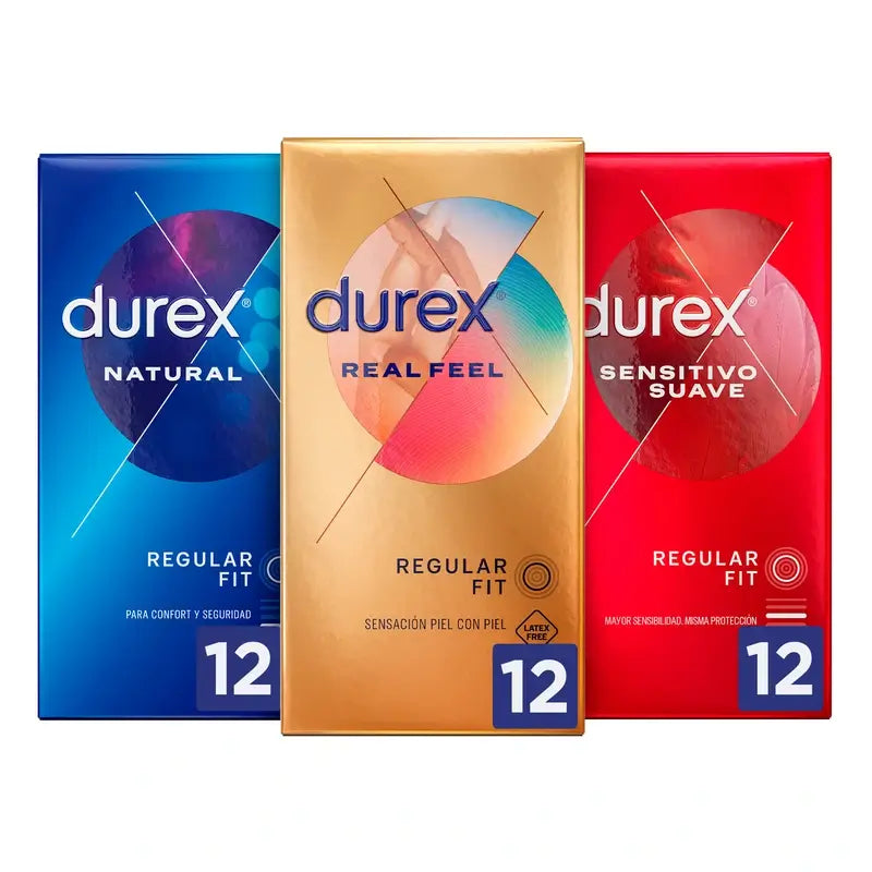 Confezione di preservativi originali Durex Natural Plus, 12 unità + Sensitive Soft, 12 unità + Real Feel, 12 unità