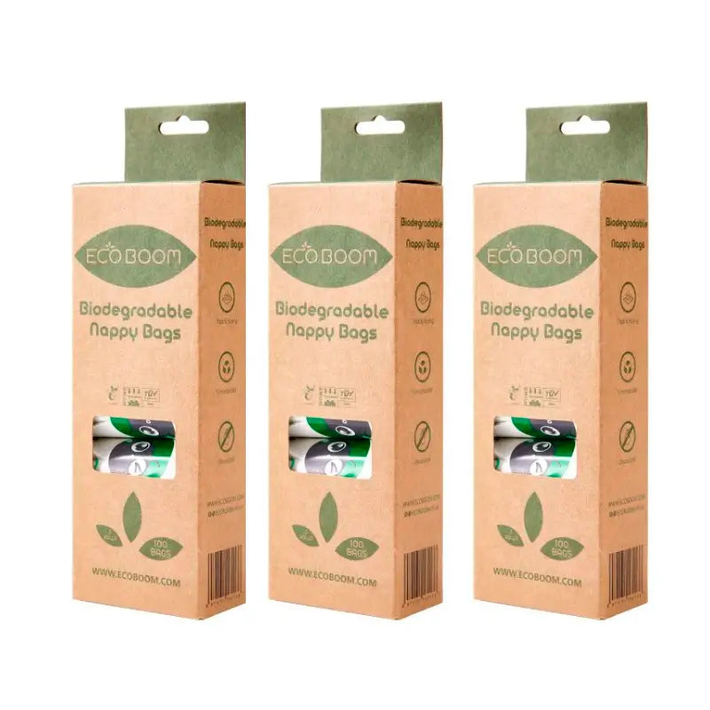 Eco Boom Pack Sacchetti per pannolini e pantaloni biodegradabili, 3 x 100 pezzi.