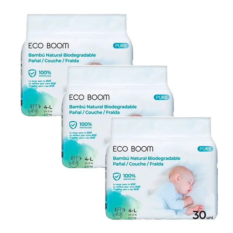 Eco Boom Pack 3X Pannolino di bambù puro L 4, 90 pezzi.