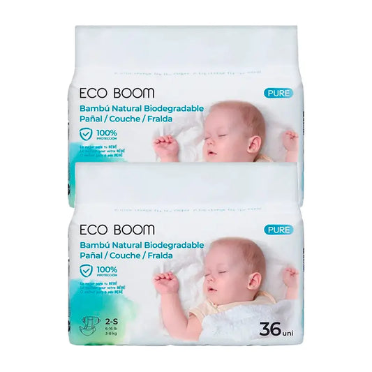 Eco Boom Pack 2X Pure S 2 Pannolini in bambù, 72 pezzi.