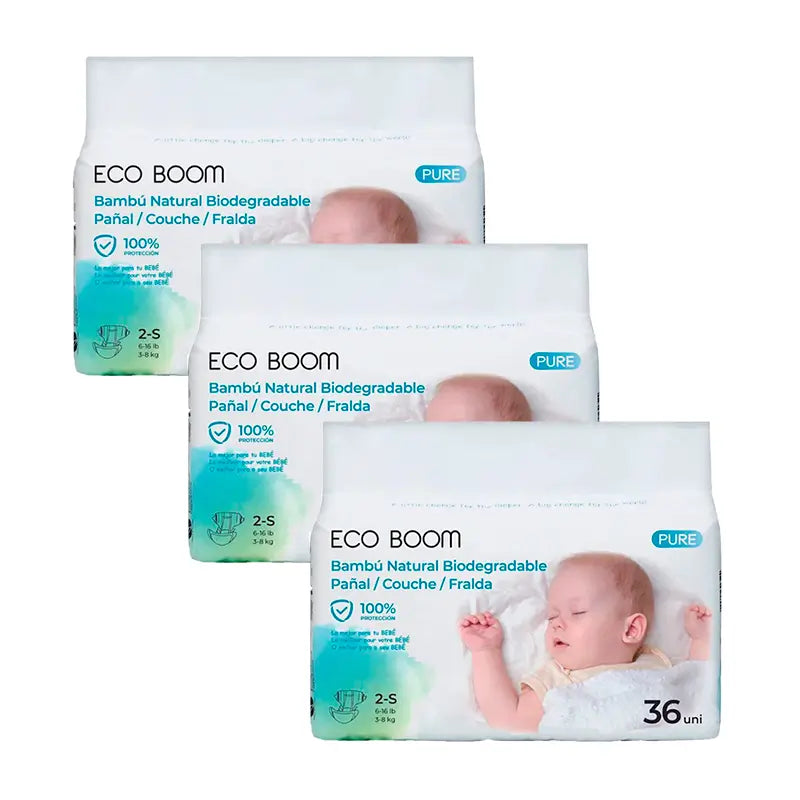 Eco Boom Pack 3X Bamboo Pure S 2 pannolini, 108 pezzi.
