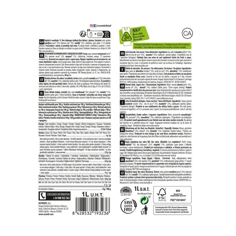 Ecomil Mandorla Nature Keto Bio, 1L x 6 pz.