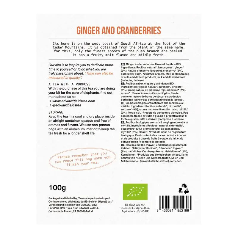 Tè Edward Fields Infusione biologica di Rooibos, zenzero e mirtillo sfuso da 50 tazze senza tè, 100 grammi