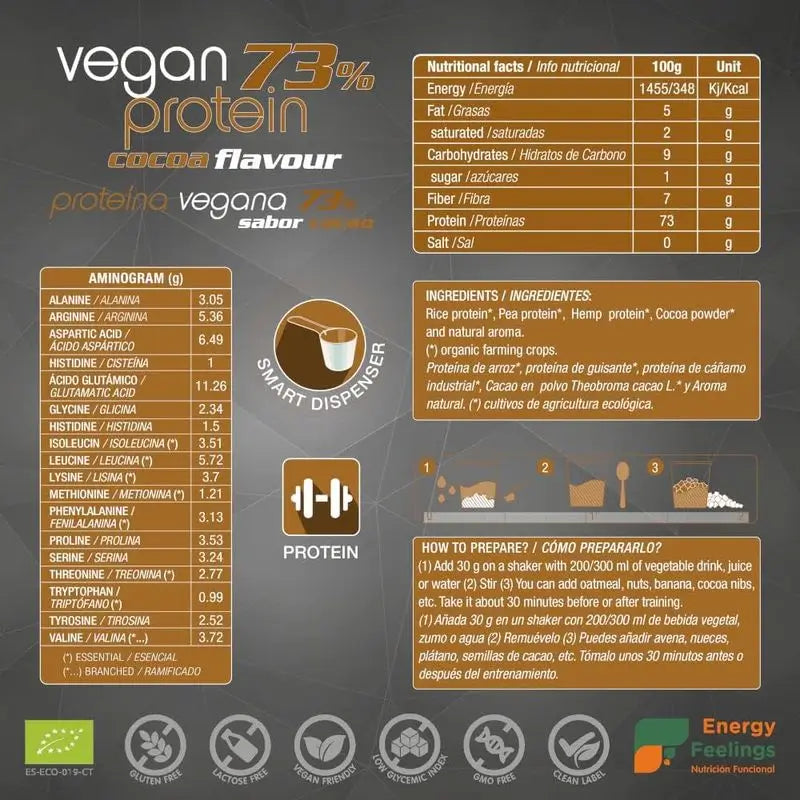 Energy Feelings Proteine Vegane 70% Cacao 1,5Kg. Eco Vegan**