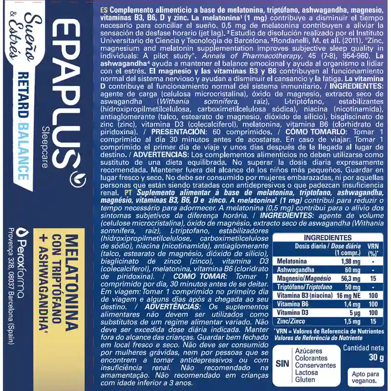 Epaplus Sleepcare Melatonin Retard Balance con triptofano, 30 grammi, 60 compresse