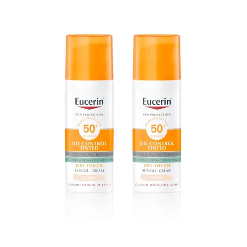 Eucerin FaceSolar Oil Control Crema Gel Tocco Secco Spf50+ Luce Colorata, 2x50 ml