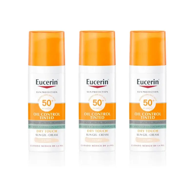 Eucerin Facesolar Oil Control Crema Gel Tocco Secco Spf50+ Luce Colorata, 3X50 Ml
