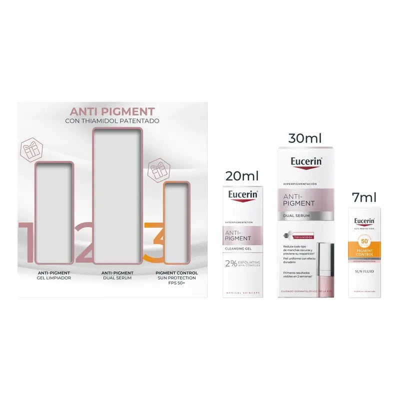 Eucerin Pack Anti-Pigment - Siero doppio, 30 Ml + Gel detergente formato mini 20 Ml + Mini protezione solare 7Ml