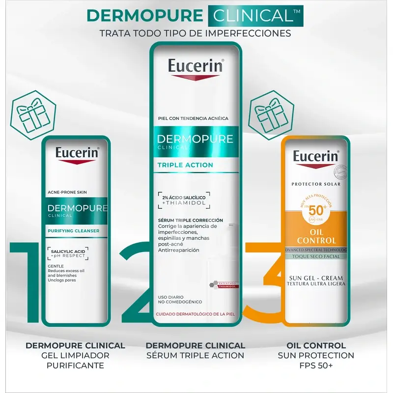 Eucerin Impacco Pelle Grassa Siero Dermopure, 40 Ml + Mini Gel Detergente 20 Ml + Mini Protezione Solare 20 Ml